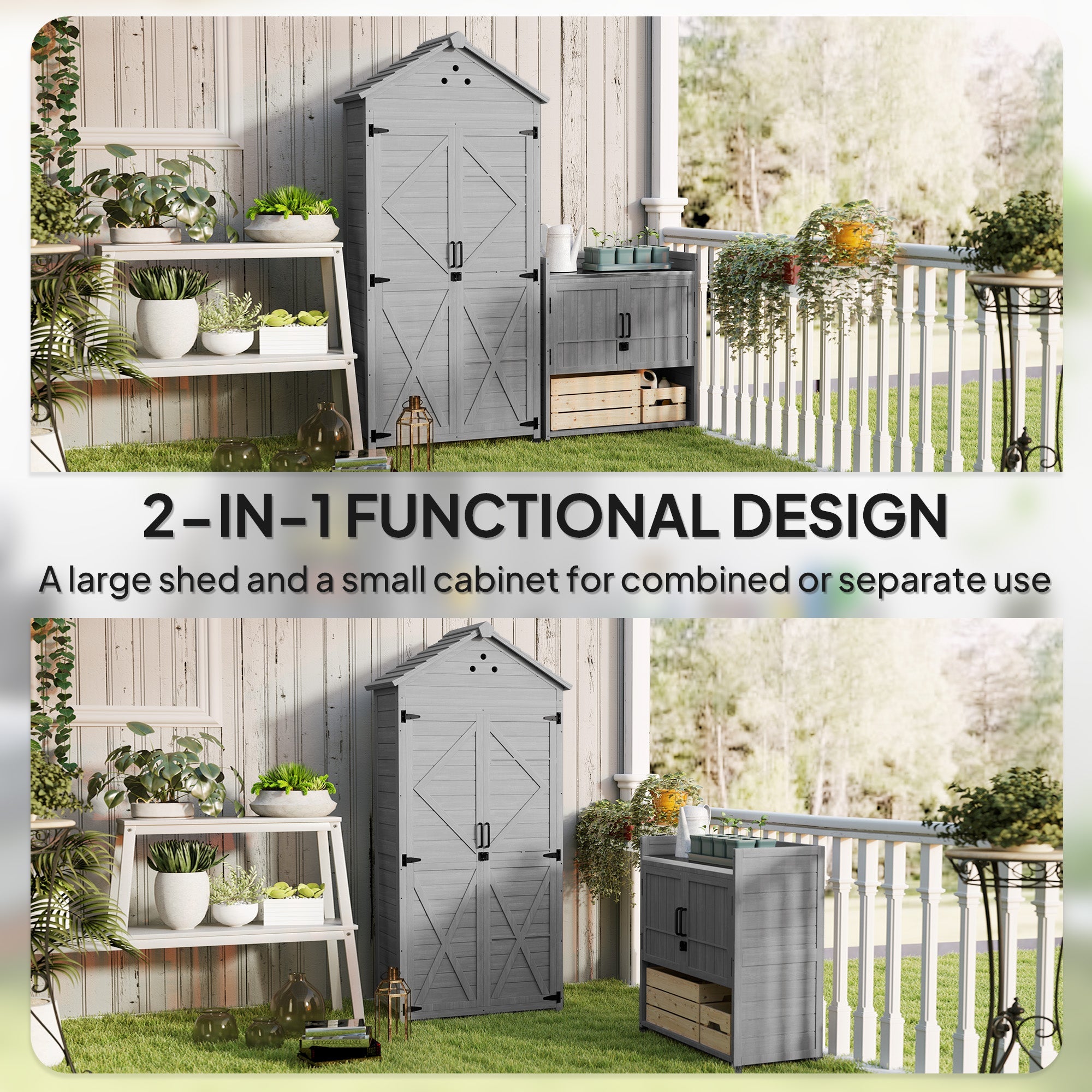 Outsunny 2-in-1 Outdoor Storage Cabinet, Wood Garden Shed with Shelves, Vent Holes, Foot Caps for Backyard, Patio, Lawn 