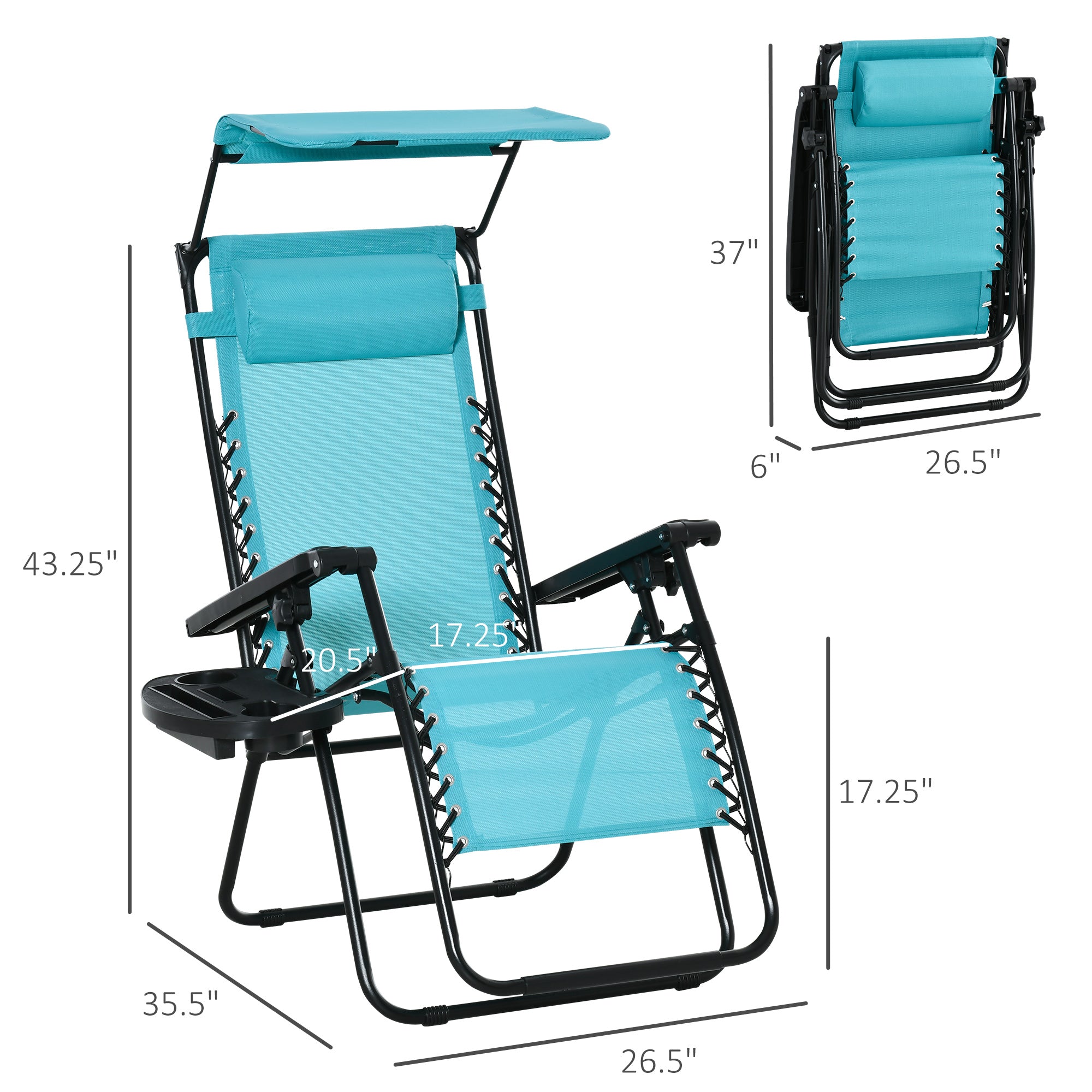 Outsunny 2 piece Zero Gravity Chair Adjustable Patio Lounge Chair Reclining Seat W/ Cup Holder & Canopy Shade 
