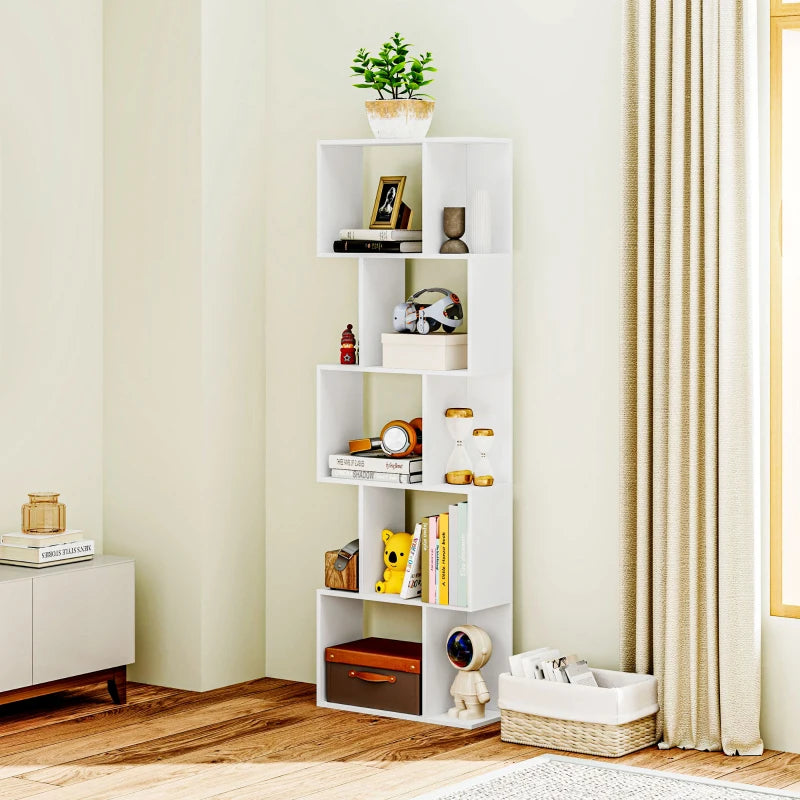 5-Tier Geometric Bookshelf, S Shaped Bookcase, Modern Freestanding Display Shelf Unit for Home Office, White