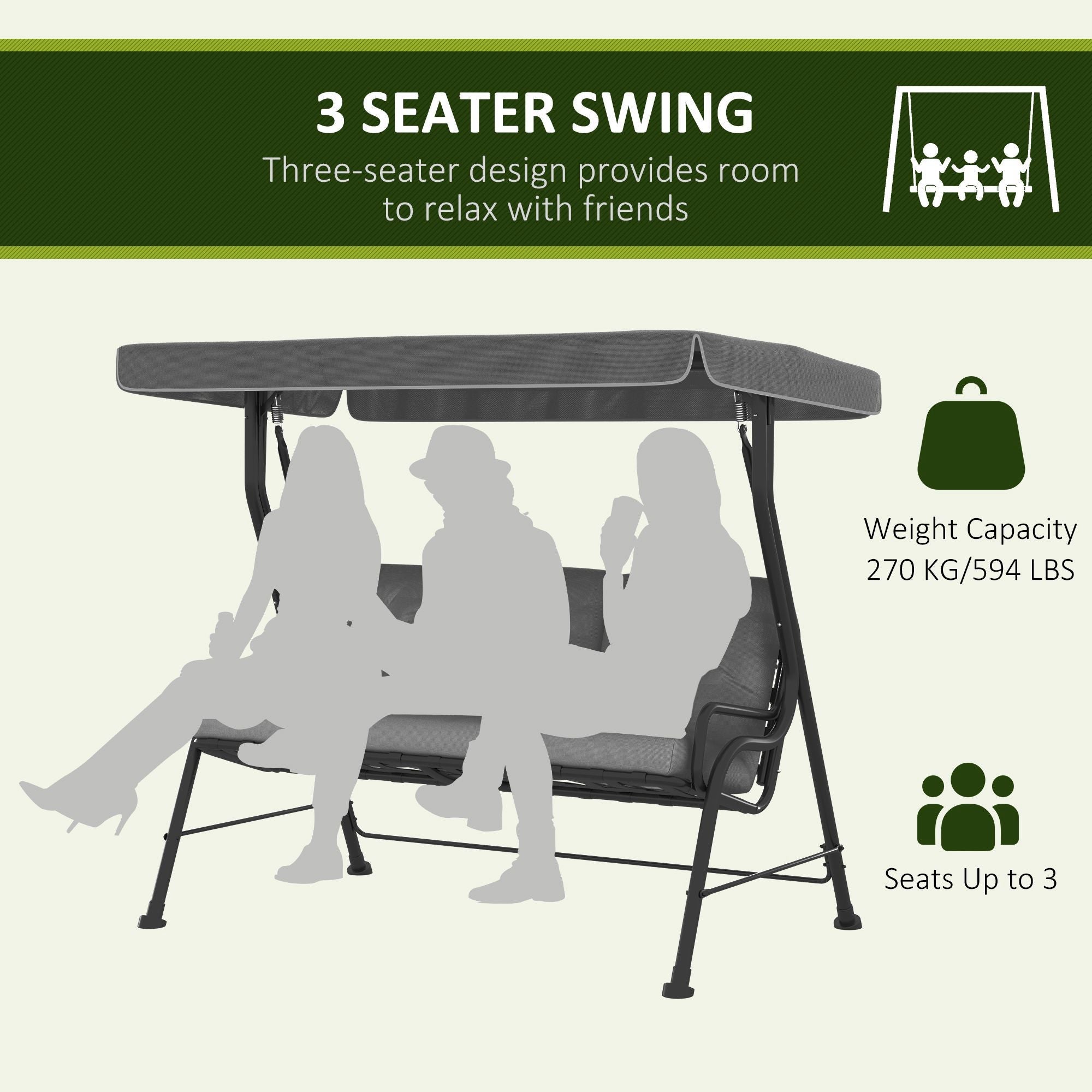 Outsunny 3-Person Patio Swing Chair with Canopy 3 Seater Porch Swing for Garden, Backyard, Poolside, Light Grey 