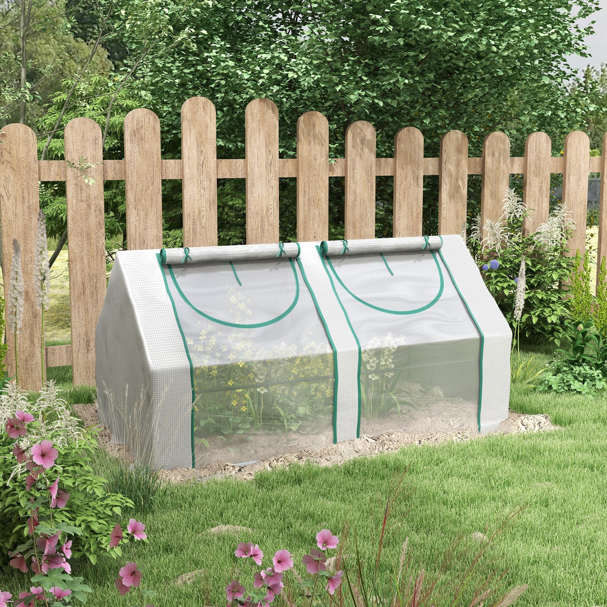 Outsunny 6' x 3' x 3' Portable Mini Greenhouse, Garden Green House Kit with 2 PE/Plastic Covers, Steel Frame and 2 Roll Up Zipper Windows, White 