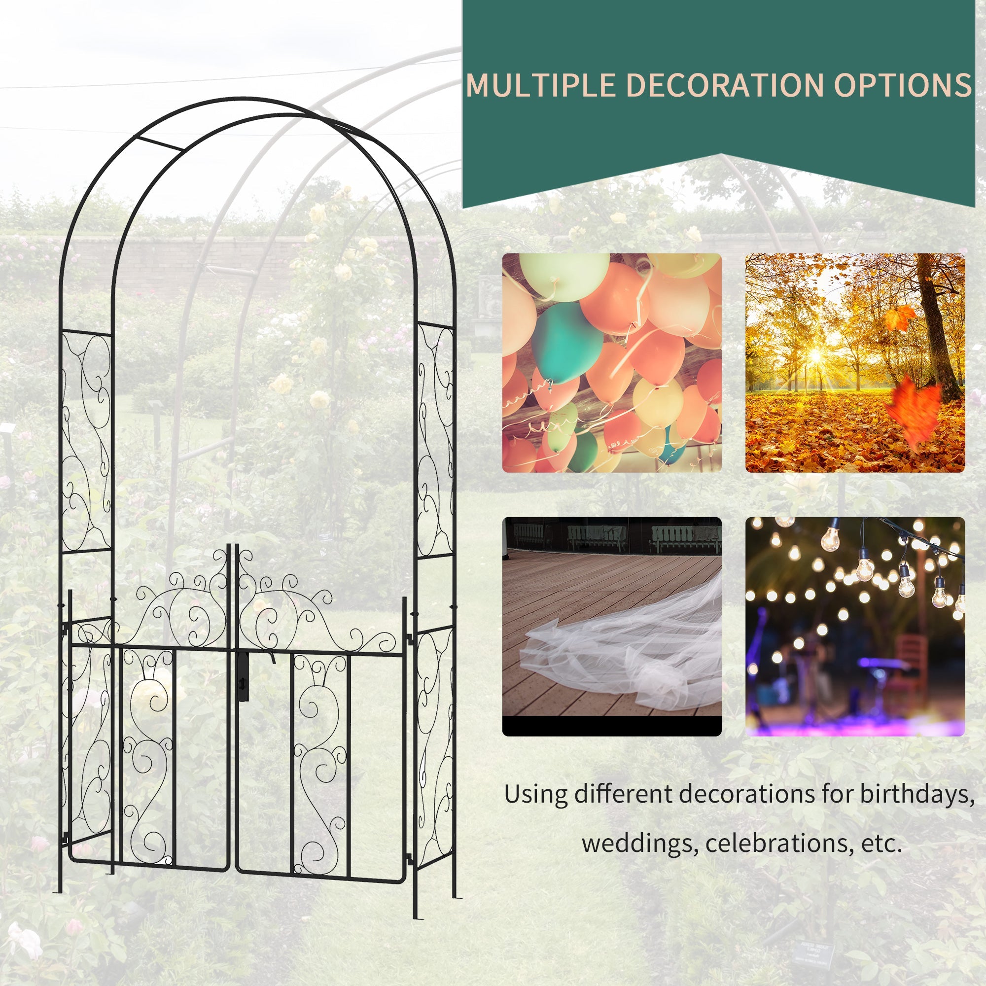 Outsunny Metal Garden Arch with Gate, Garden Arbor Trellis for Climbing Plants, Roses, Vines, Wedding Arch, Black 