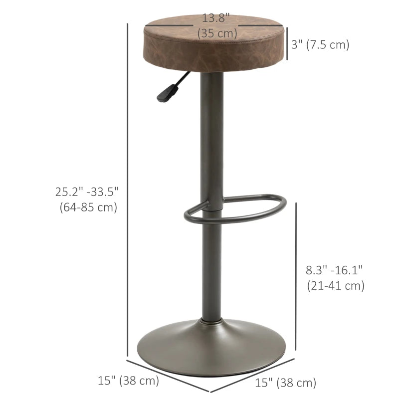 Modern Adjustable Bar Stools Set of 2, Swivel Barstool with Footrest, PU Leather Round Top for Kitchen, Brown