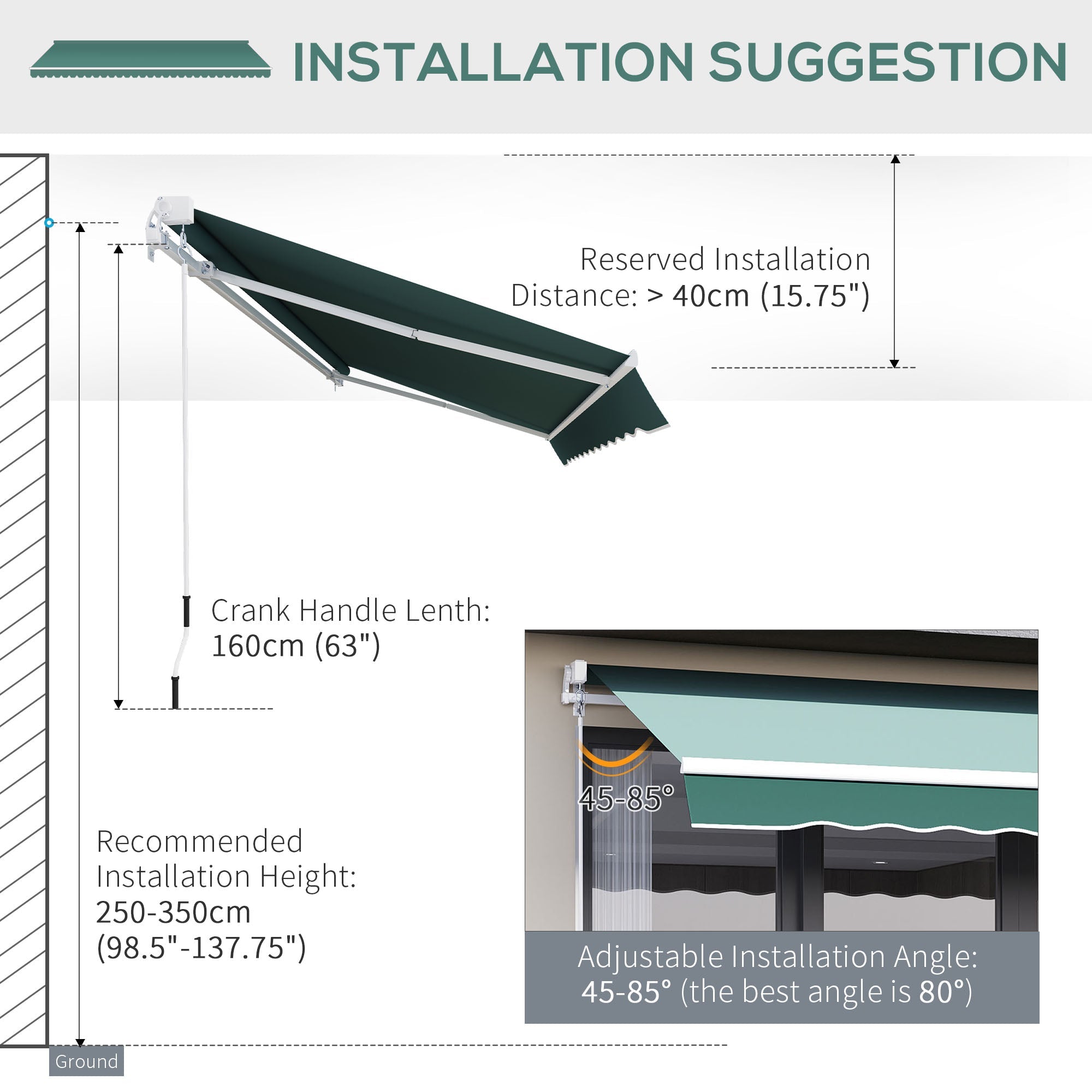 Outsunny Retractable Patio Awning: 8'x7' Manual Water-Resistant Sun Shade Canopy for Outdoor Shelter, Dark Green 