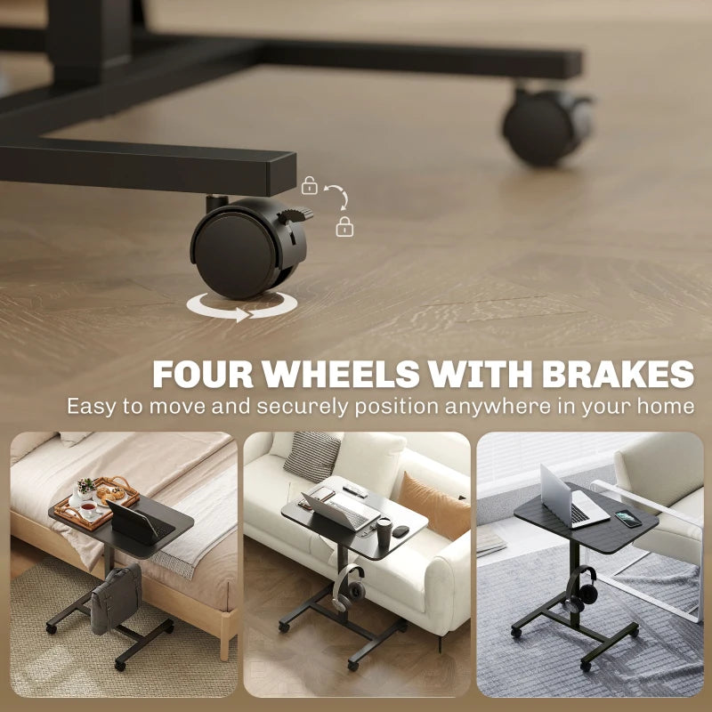Height Adjustable Standing Desk, Pneumatic Sit Stand Desk with Wheels and Headphone Hook, Black Wood Grain