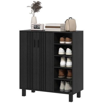 HOMCOM Shoe Storage with Double Doors Open Shelves 17 Pair Shoe Storage Organizer for Entryway Hallway Black 