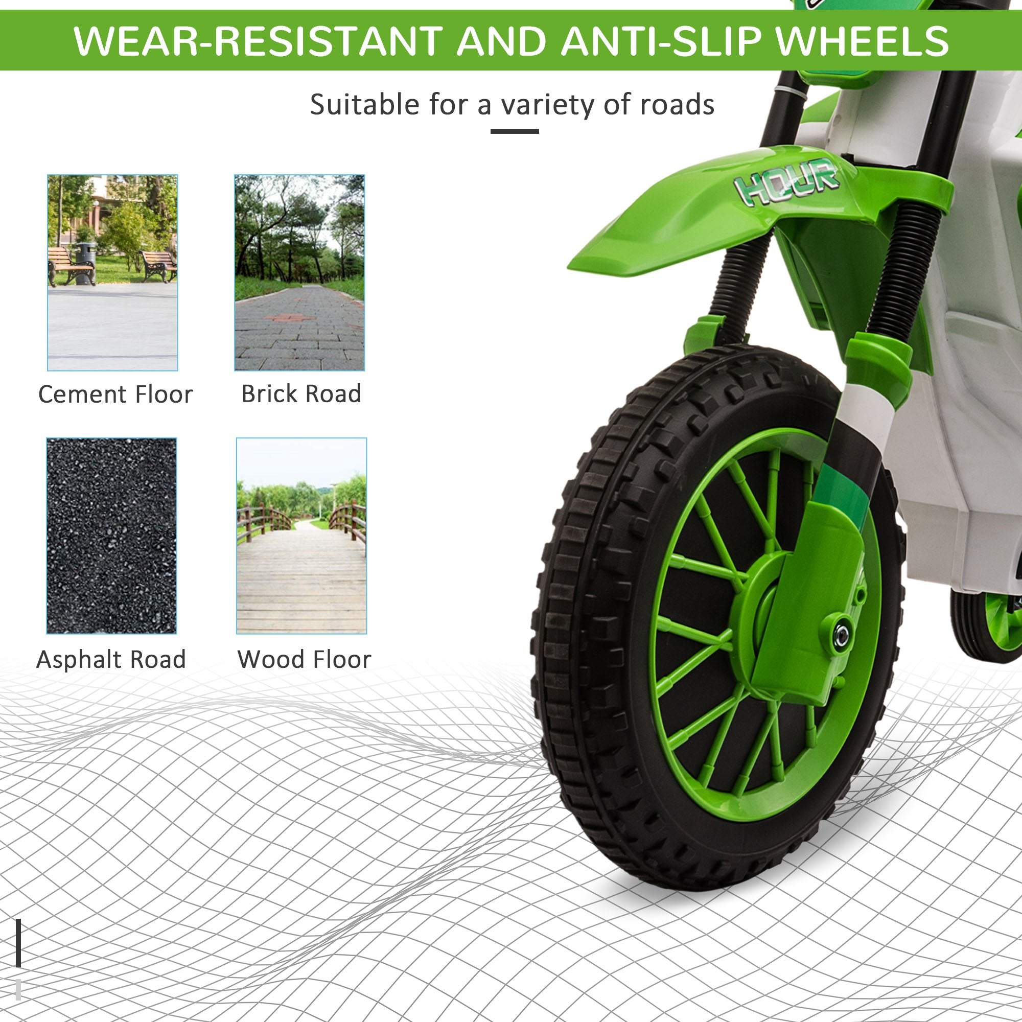 Aosom Kids Dirt Bike Battery-Powered Ride-On Electric Motorcycle with Charging 12V Battery, Training Wheels Green 