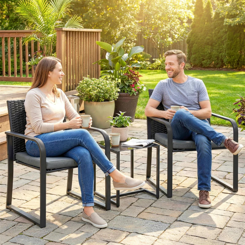 Outdoor Bistro Set, 3 Piece Wicker Patio Furniture with Mesh Seat, Glass Table, Cushions for Porch, Balcony, Grey