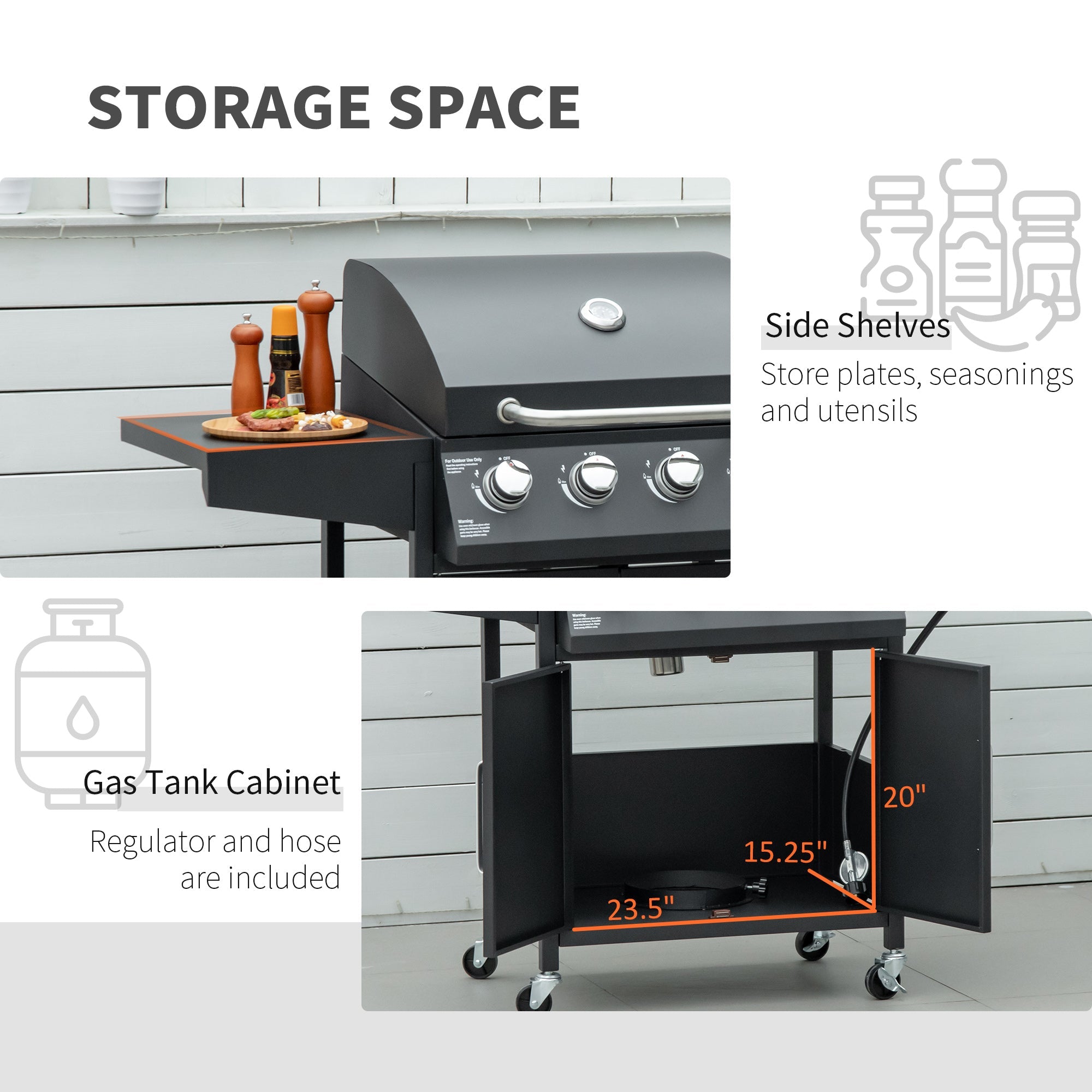 Outsunny 4+1 Burner Propane Gas Grill BBQ Trolley - Outdoor Cabinet Style with Side Burner, Warming Rack, Sleek Black 