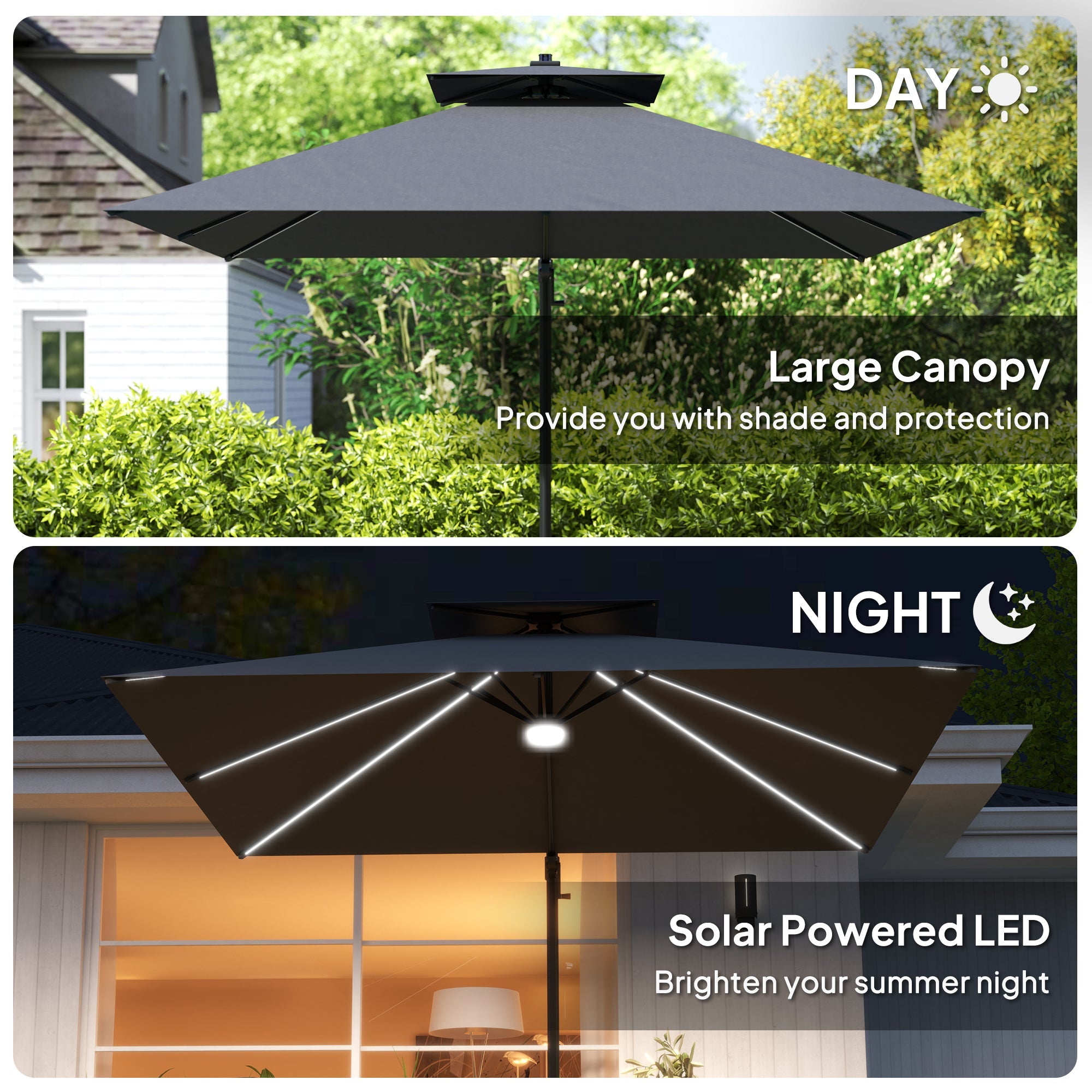 Outsunny 8' Cantilever Patio Umbrella with LED Lights, 360°Rotation, Tilt & Height Adjustment, Crank, Cross Base, Dark Grey 