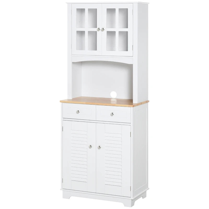 Coastal Style Kitchen Buffet and Hutch Wooden Storage Cupboard with Framed Glass Door LouveredCabinet  Drawers Microwave Space for Dining Room  Living Room  White