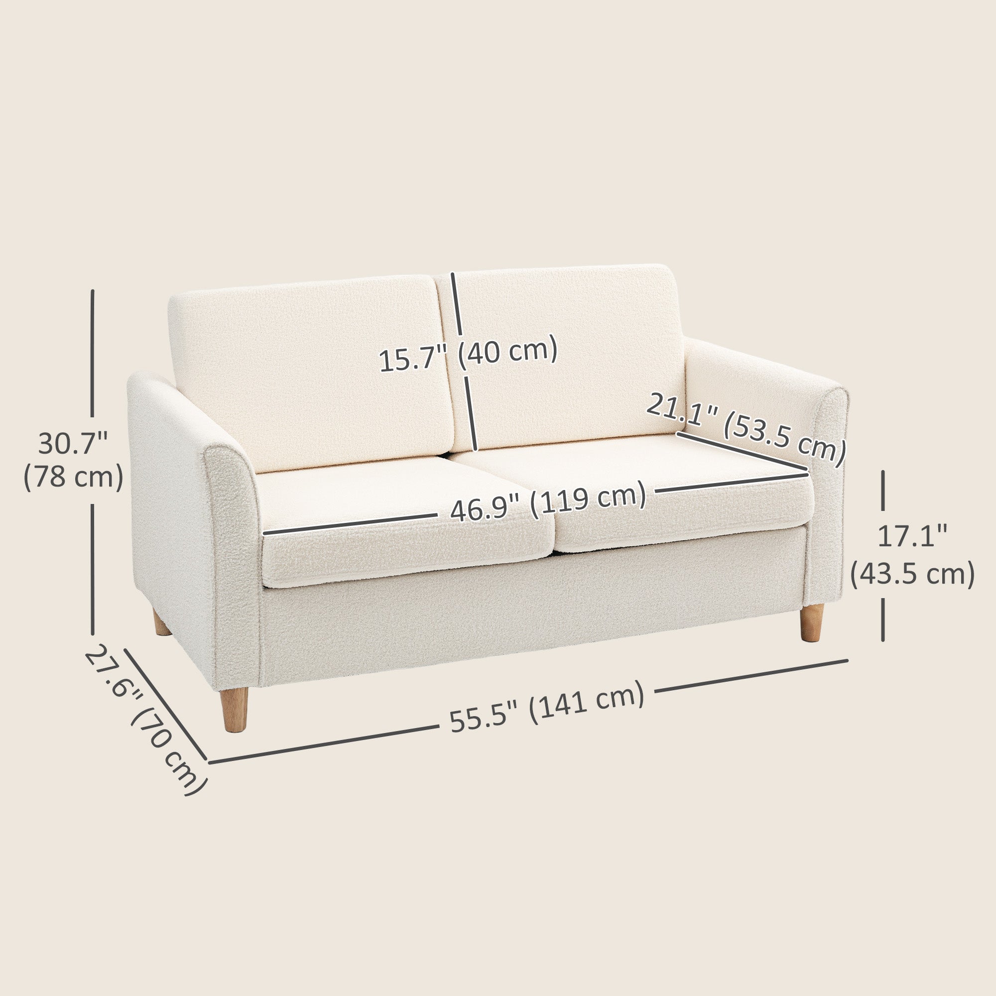 HOMCOM 2-Seat Sofa Two-Seater Couch with Armrests and Wood Legs for Living Room, Bedroom, Cream White 