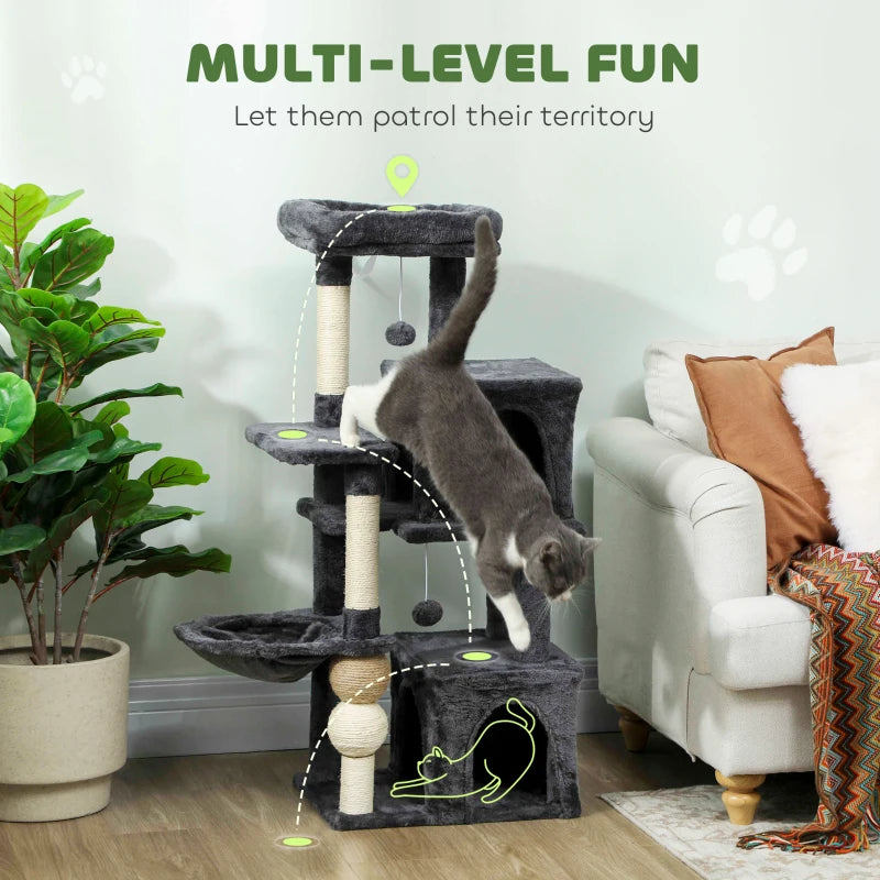 Cat Tower, 42" Multi-Level Cat Tree with Padded Plush Perch, Hammock, 2 Door Condos, Scratching Posts, Toy Balls