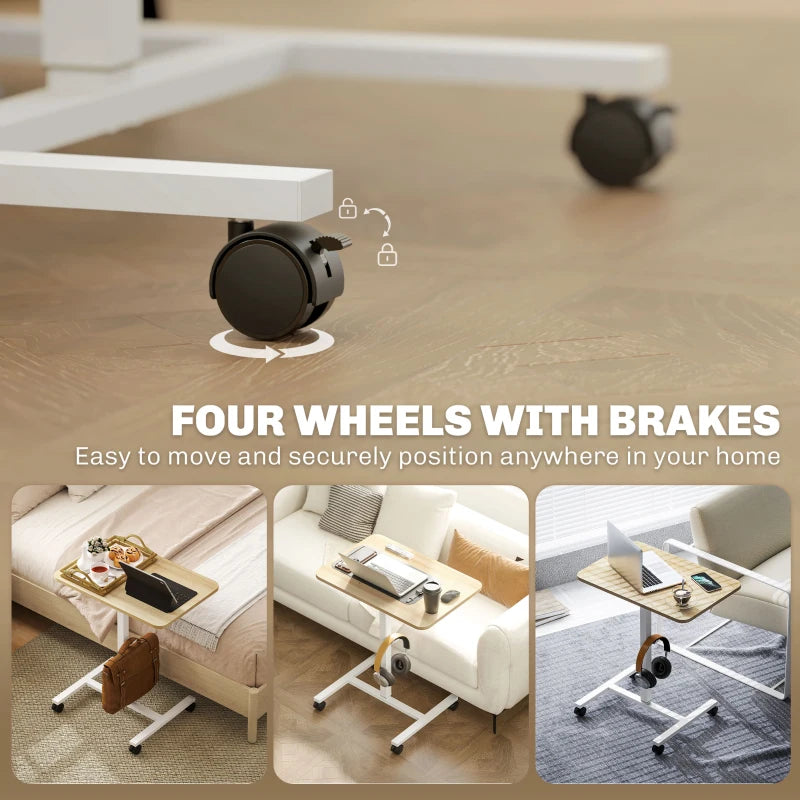 Height Adjustable Standing Desk, Pneumatic Sit Stand Desk with Wheels and Headphone Hook, Natural Wood Grain