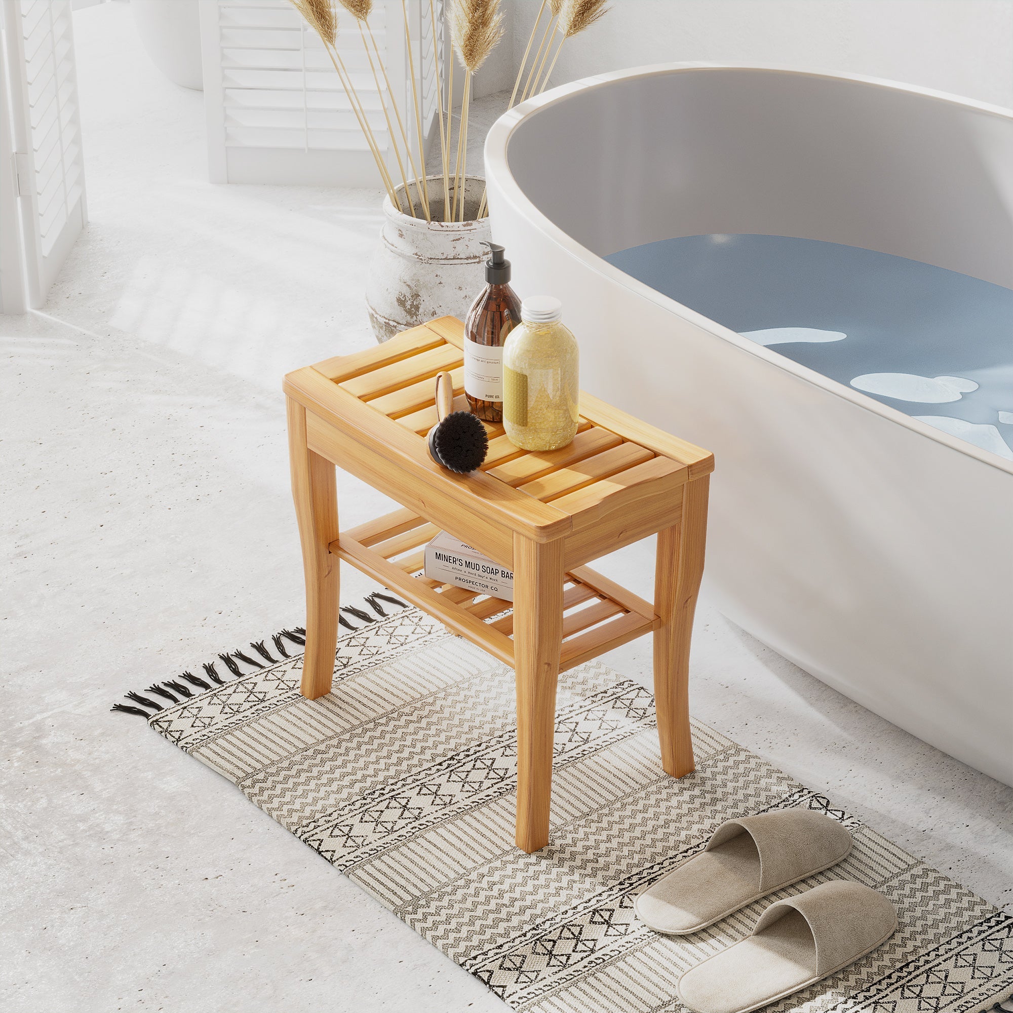HOMCOM Bamboo Bliss: Spa Bath Seat Shower Bench with 20" Organizer Shelf, Bathroom Stool for Relaxation 