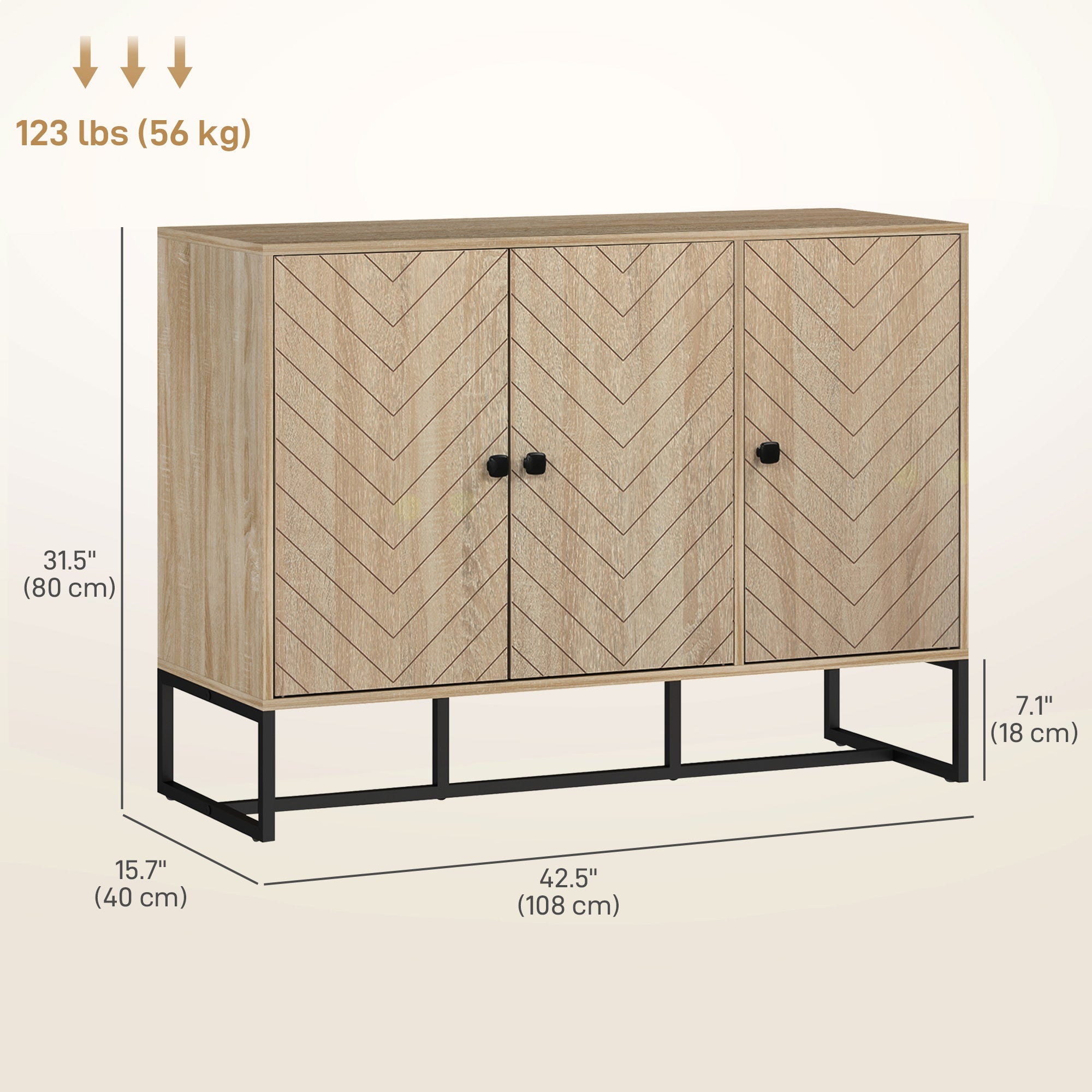 HOMCOM Modern Sideboard, Buffet Cabinet with Adjustable Shelves, 3 Chevron Doors for Living Room, Hallway, Oak Wood Grain 