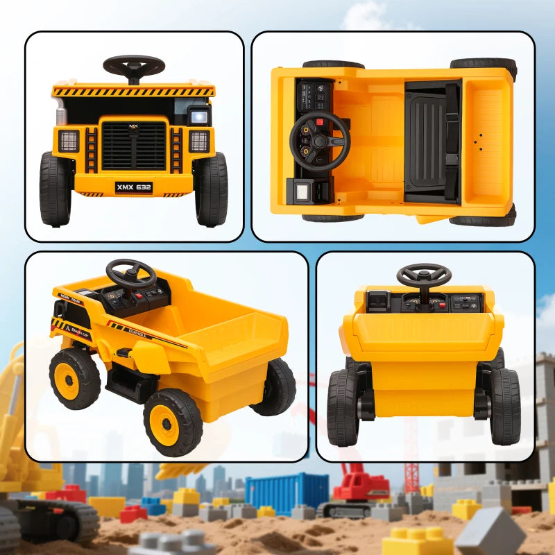 Qaba Kids Electric Car, Ride On Dump Truck, 12V Ride On Toy with Electric Dump Bed and Remote Control, Yellow