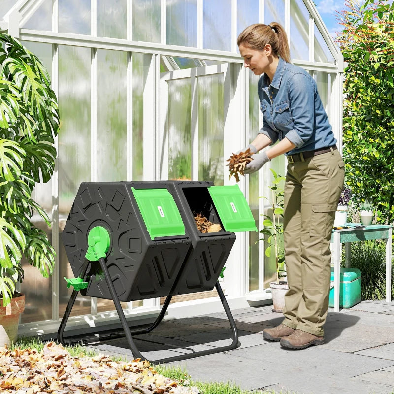 Rotating Composter, Dual Chamber Compost Bin with 24 Vents and Steel Legs, 34.5 Gallon, Green