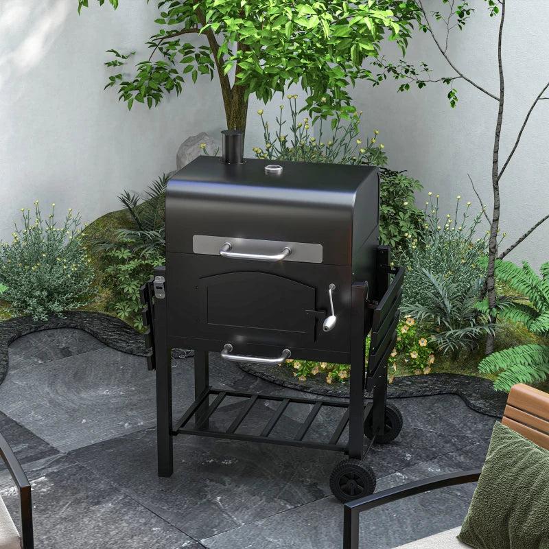 Charcoal Smoker Adjustable Height, Folding Shelves, Thermometer, and Wheels, Black