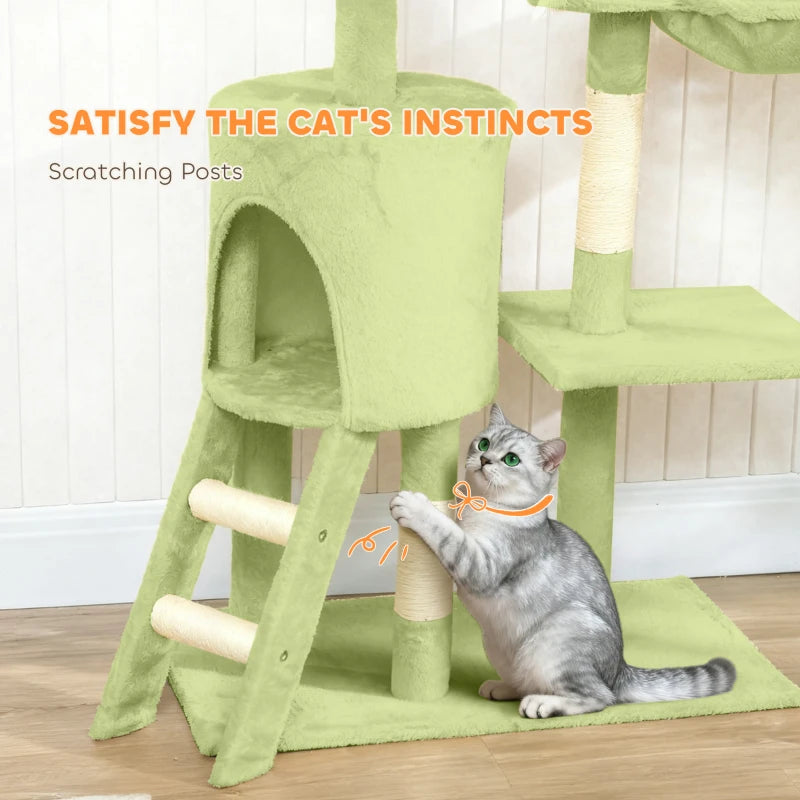 53" Cat Tree Tower, Kitten Activity Centre with Scratching Posts, Condo, Perches, Ladder, Hammock, Dangling Toys, Green