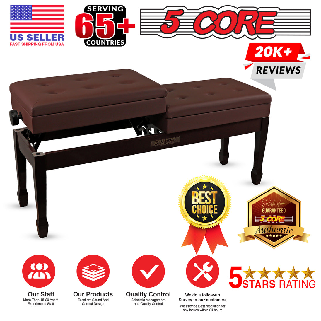 5CORE Duet Piano Bench with Storage Adjustable Wooden Keyboard Stool for Adults & Kids Designed for Two Players