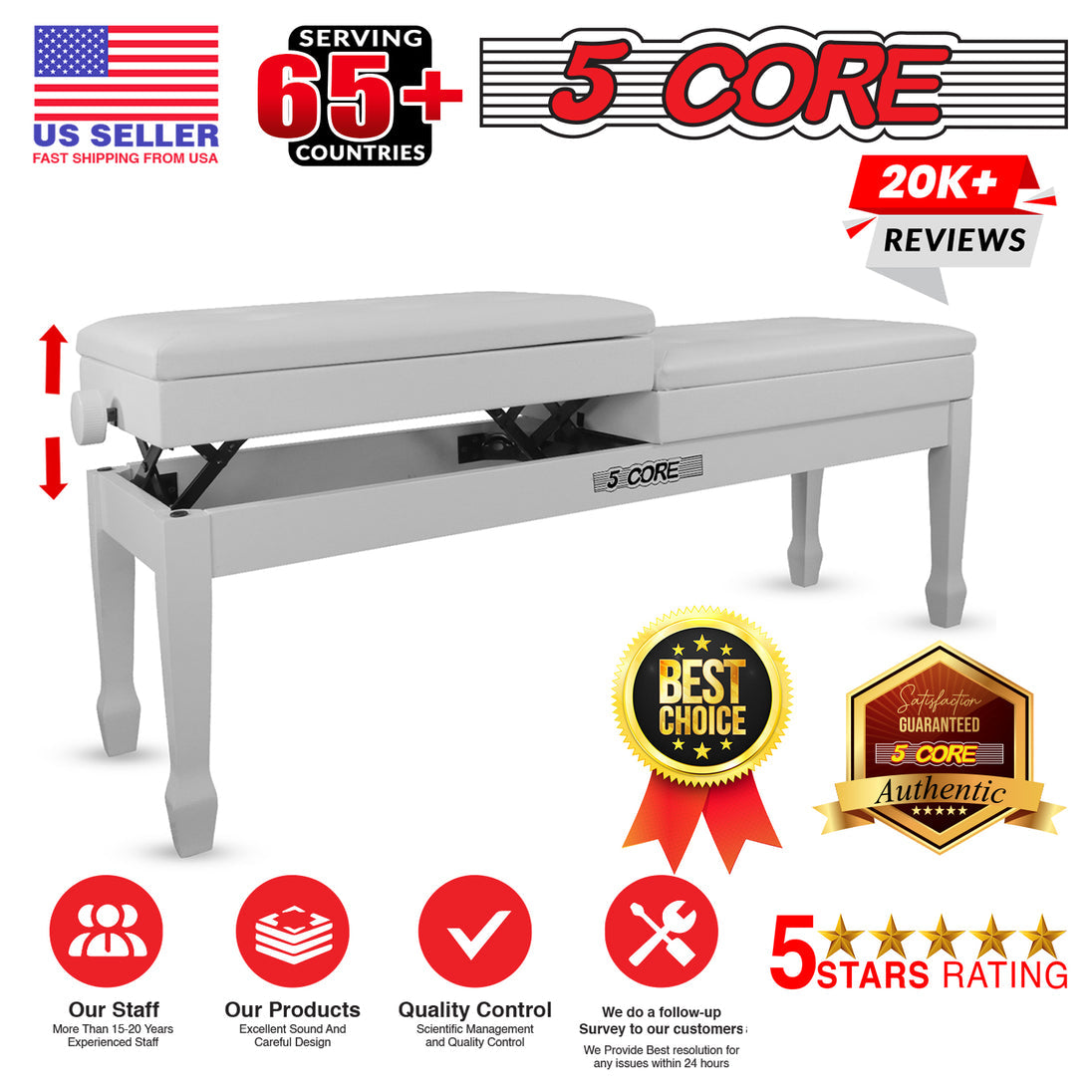 5CORE Duet Piano Bench with Storage for Two Adjustable Wooden Keyboard Stool for Adults & Kids