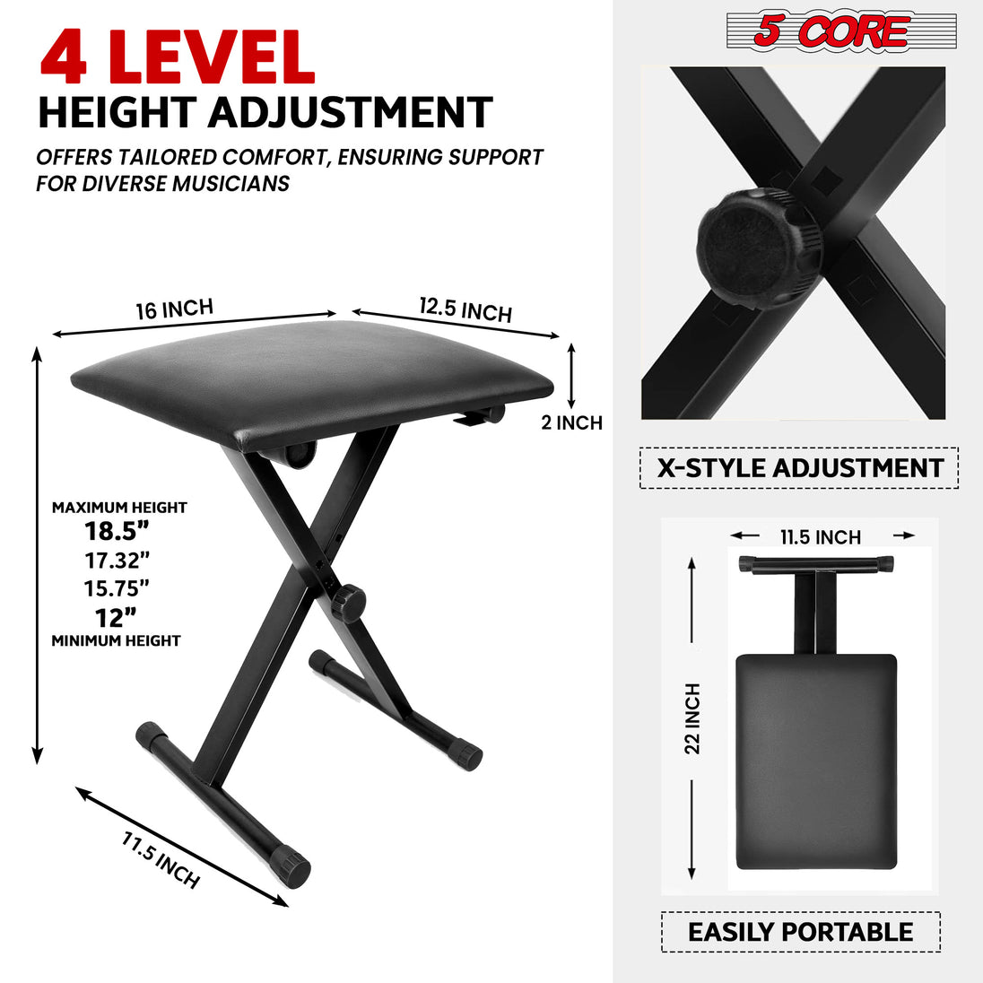 5Core Keyboard Stand Double X Style Adjustable Piano Riser + Keyboard Piano Bench