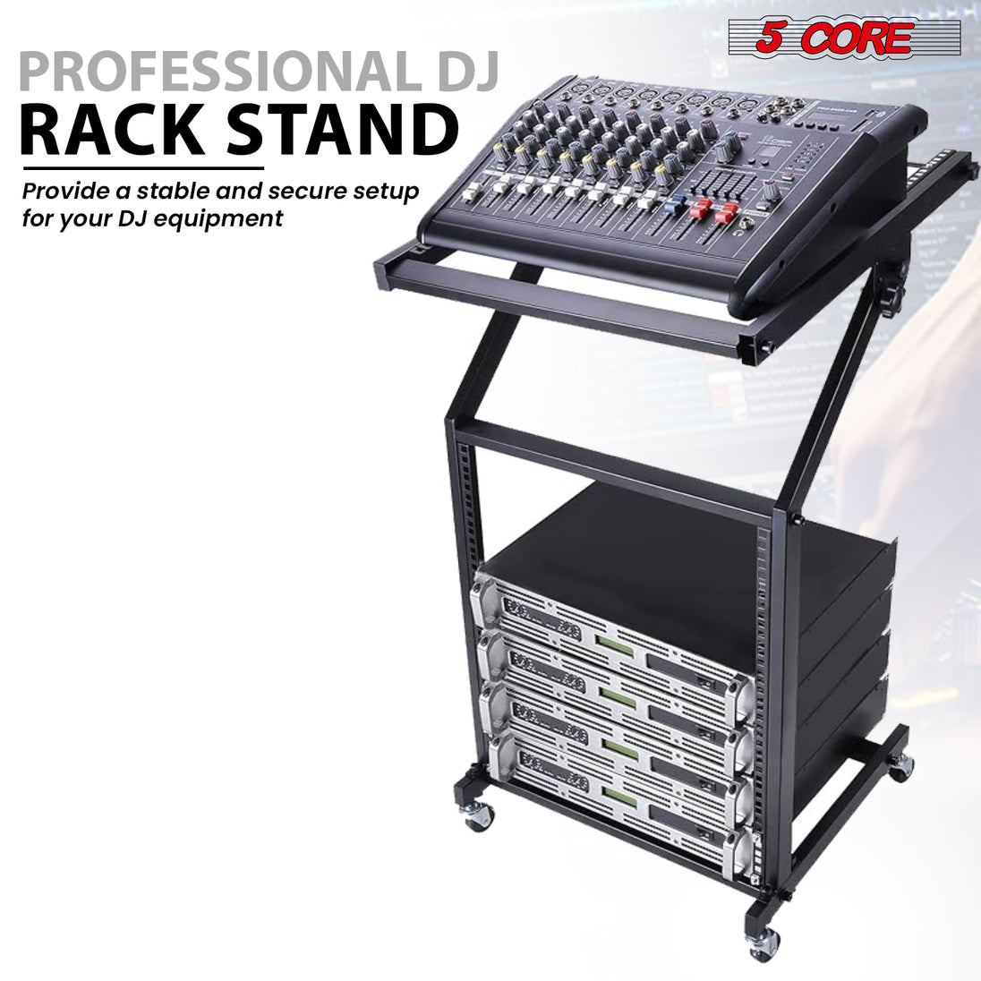 5Core DJ Mixer Stand 12U Adjustable Rack Mount Rolling Stage Cart Pro Audio Studio Equipment w Wheel