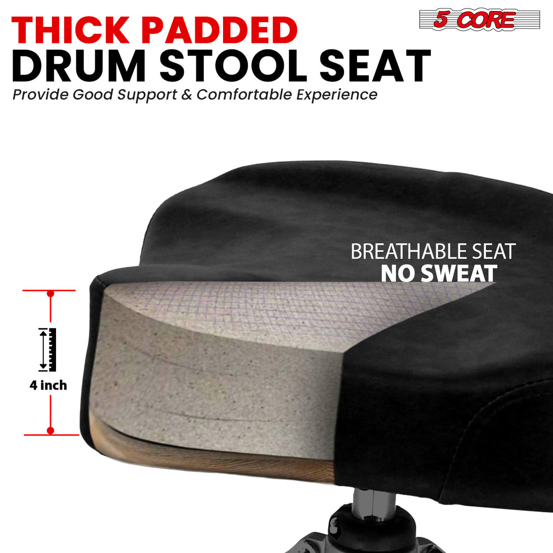 5Core Drum Throne Padded Guitar Stool Backrest Drummer Seat for Adults And Kids BLACK