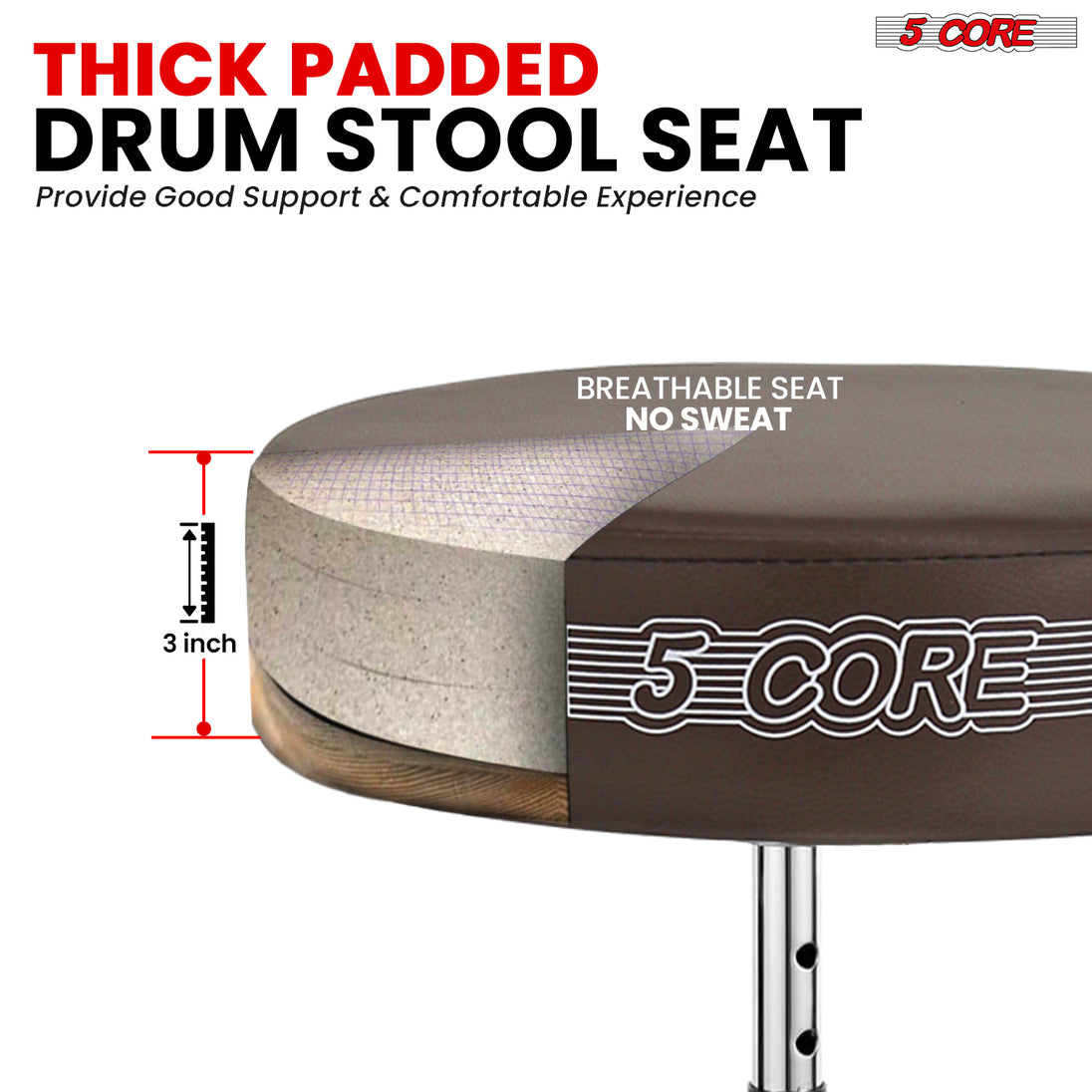 5Core Drum Throne Padded Adjustable Guitar Stool Drummer Seat for Adults & Kids BROWN