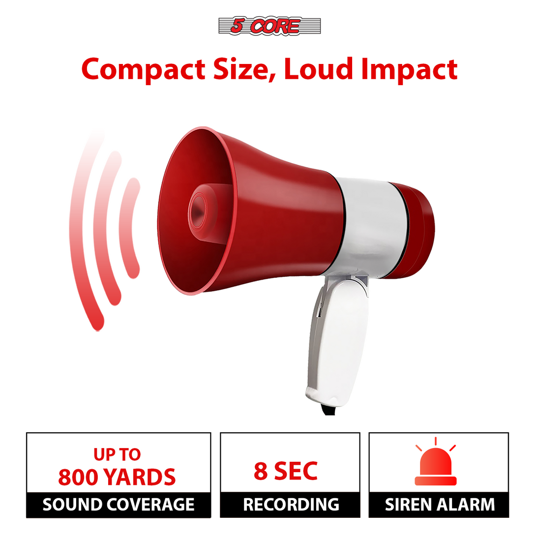 5Core Megaphone Bullhorn Speaker 30W Bull Horn Rechargeable Cheer Megafono 800 Yards