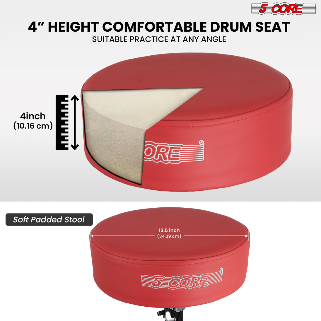 5Core Red Drum Throne Padded Adjustable Stool for Drummers & Guitarists Comfortable Seat for Adults & Kids