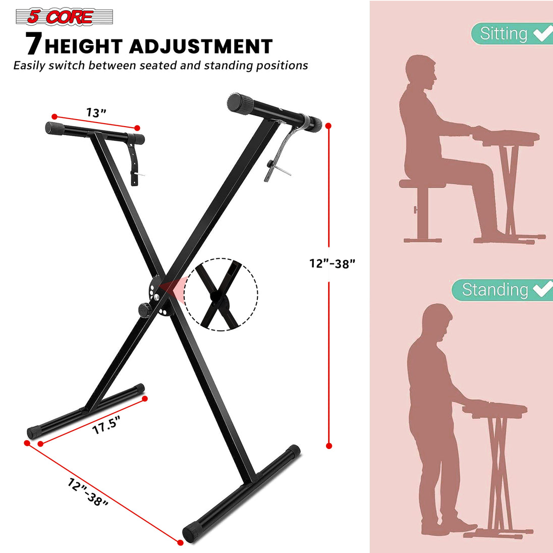 5Core Keyboard Stand Single X Style Adjustable Lift Piano Riser For 49 To 88 Keys BLACK