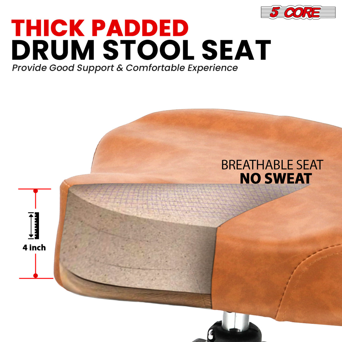 5Core Drum Throne Padded Guitar Stool Backrest Drummer Seat for Adults And Kids BROWN