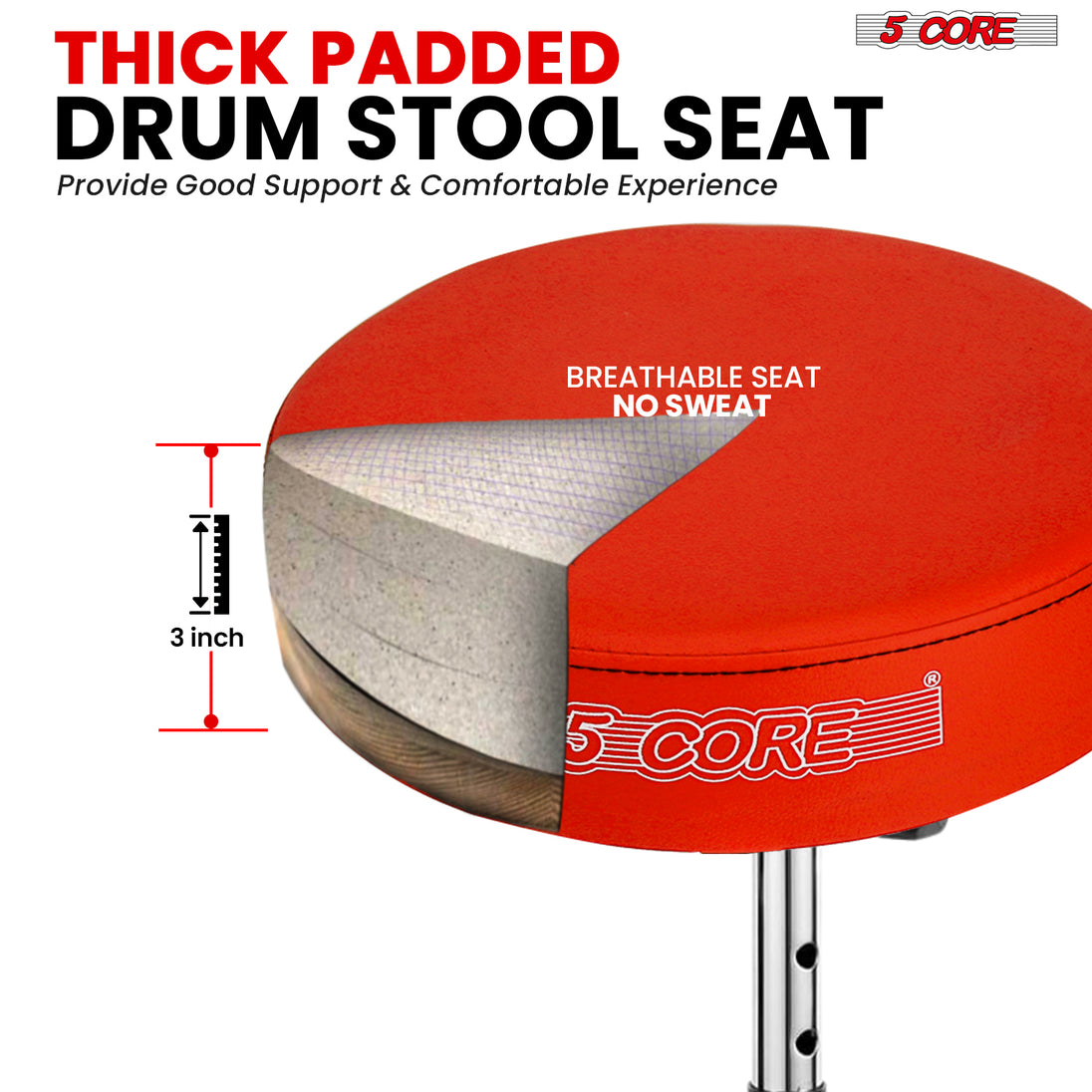 5Core Drum Throne Padded Adjustable Guitar Stool Drummer Seat for Adults & Kids RED