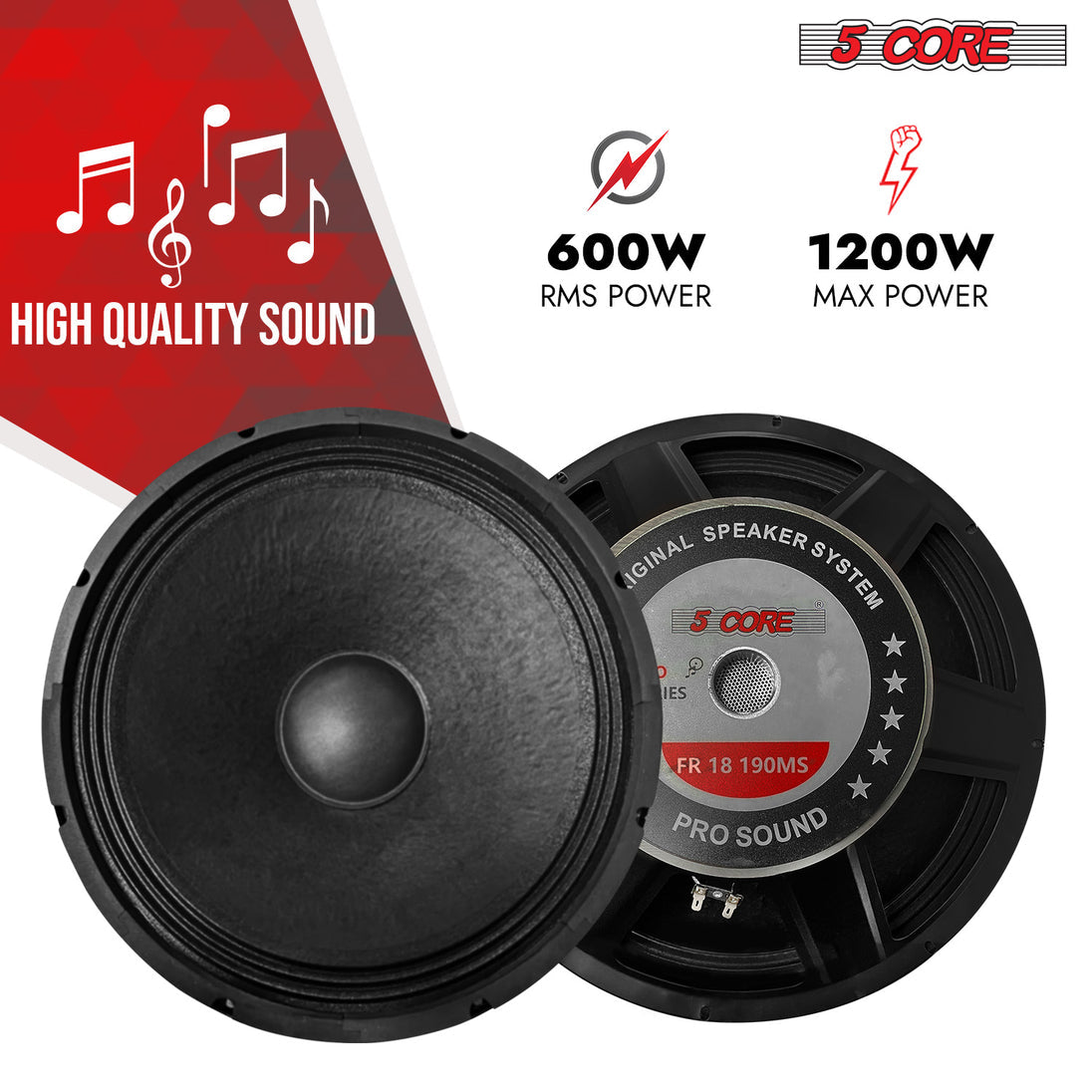 5Core 18 Inch DJ Subwoofer Speaker 1000W Max Power 8Ohm Full Range Replacement Woofer