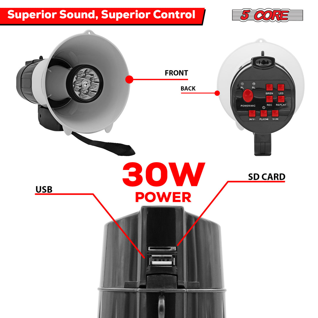 5Core Megaphone Bullhorn Speaker 30W LED Bull Horn Battery Power Cheer Megafono 800 Yard