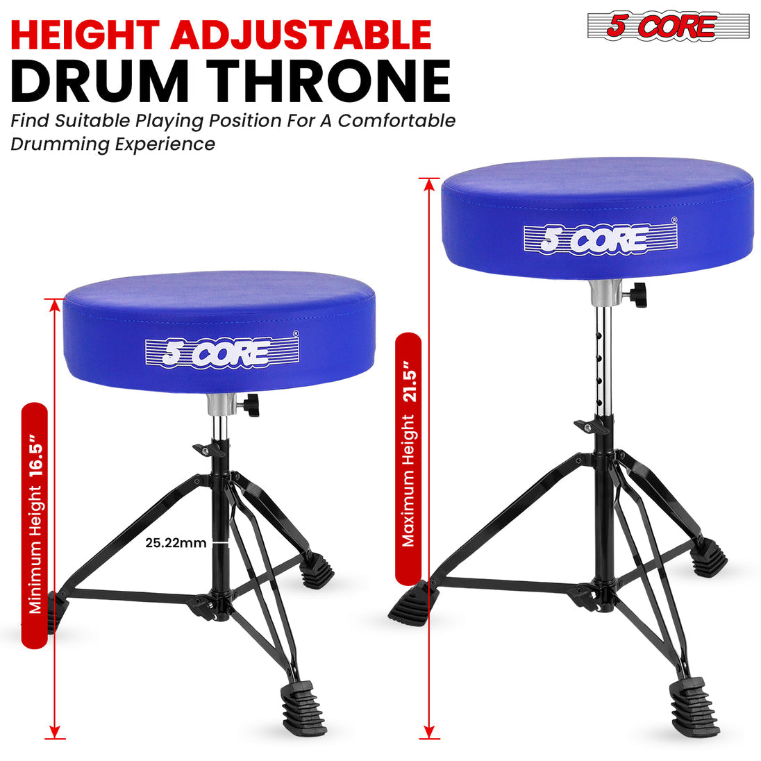 5Core Drum Throne Padded Guitar Stool Adjustable Drummer Seat for Adults & Kids BLUE