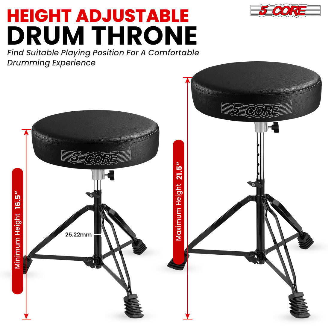 5Core Drum Throne Padded Guitar Stool Adjustable Drummer Seat for Adults & Kids BLACK