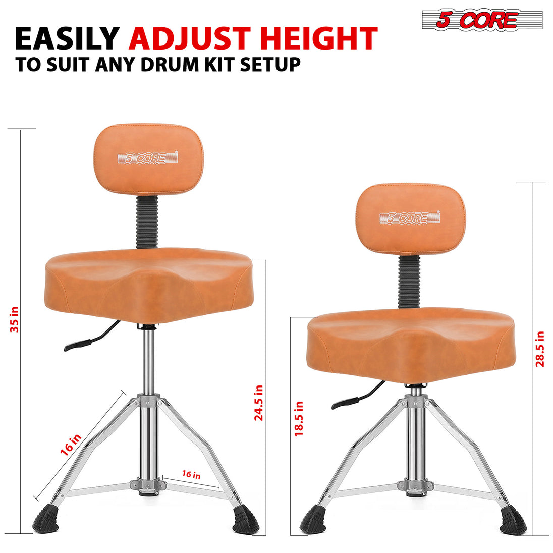 5Core Drum Throne Padded Guitar Stool Backrest Drummer Seat for Adults And Kids BROWN