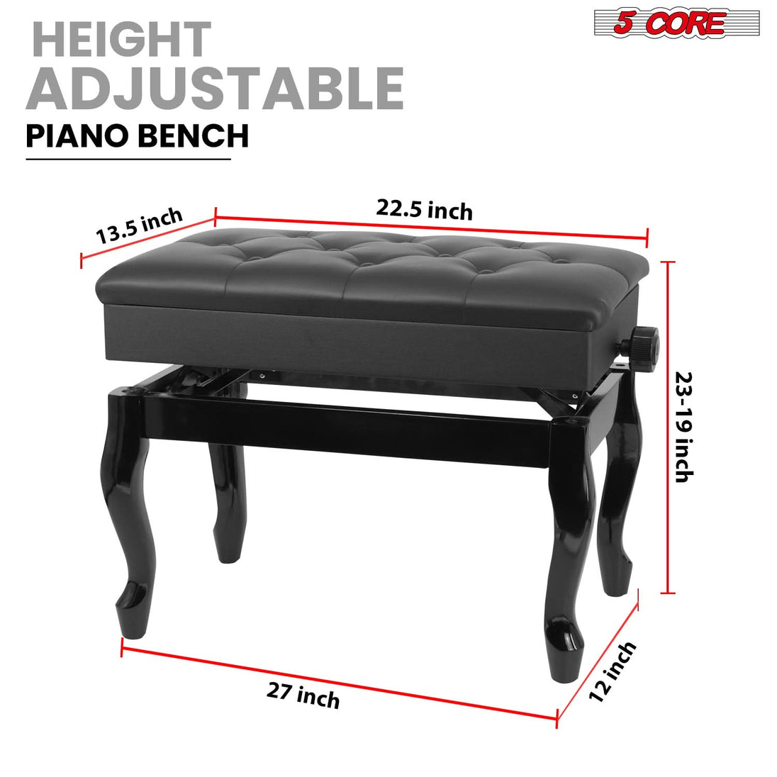 5 Core Piano Bench Wooden Height Adjustable Stool Heavy Duty Keyboard Seat with Storage BLACK