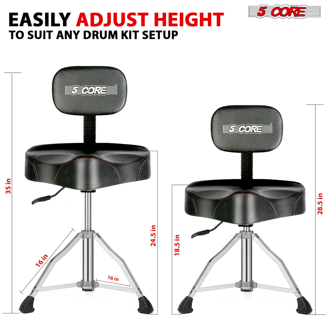 5Core Drum Throne Padded Guitar Stool Backrest Drummer Seat for Adults And Kids BLACK