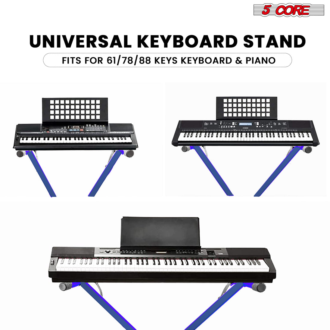 5Core Keyboard Stand Single X Style Adjustable Lift Piano Riser For 49 To 88 Keys BLUE