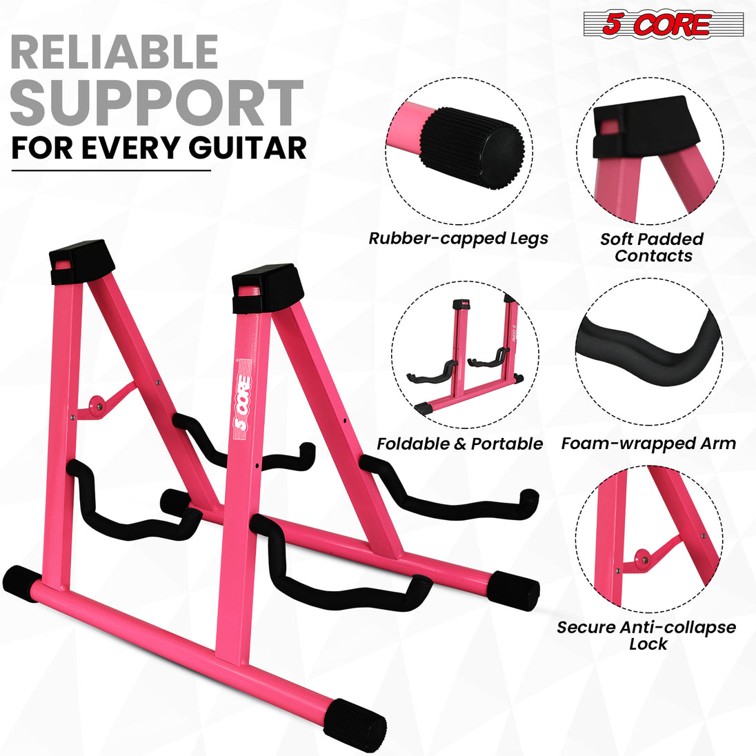 5Core Double Guitar Stand – Adjustable A-Frame Folding Holder for Acoustic & Electric Guitars GSS 2N1 PNK