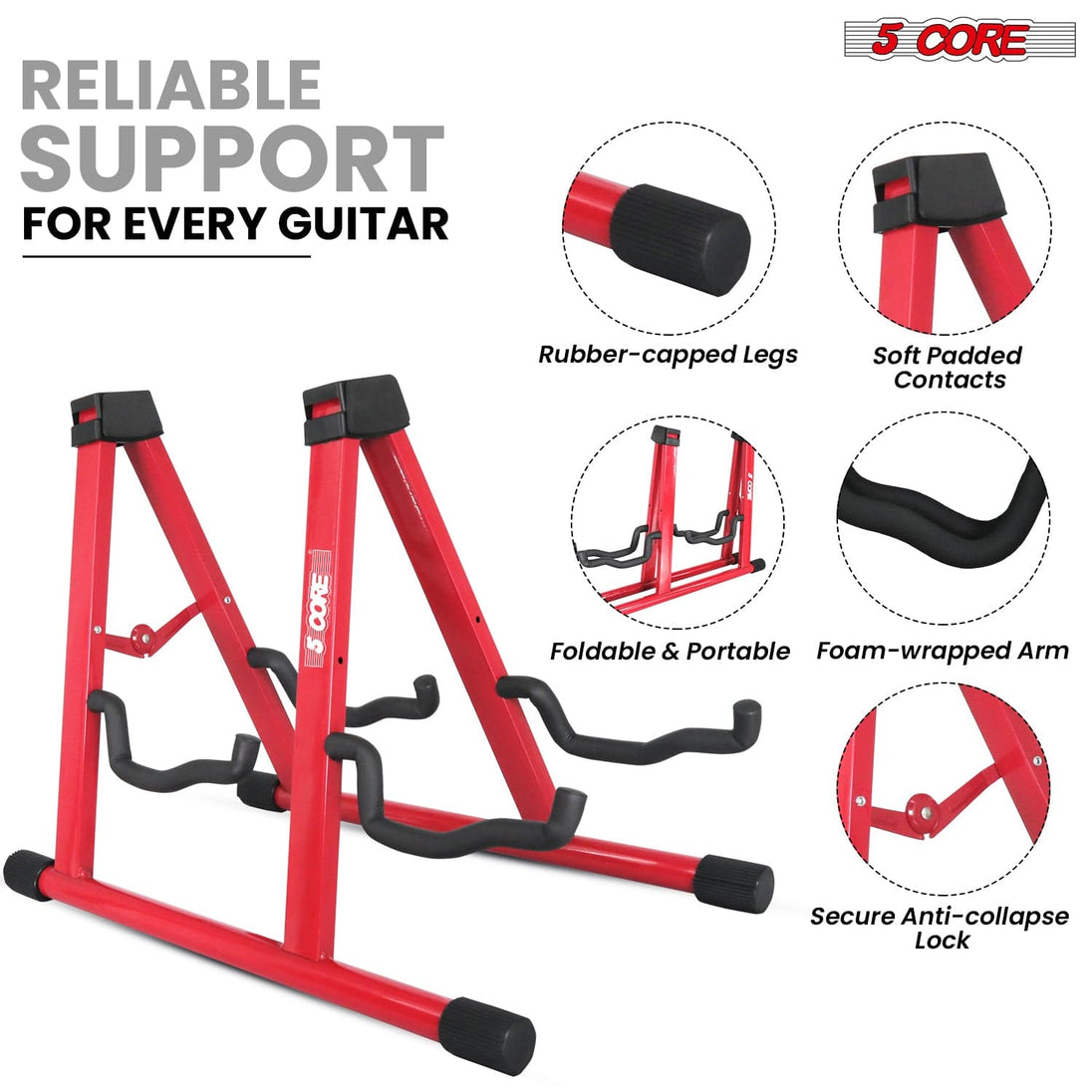 5Core Double Guitar Stand – Adjustable A-Frame Folding Holder for Acoustic & Electric Guitars