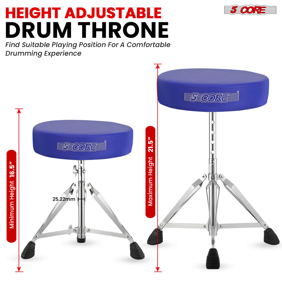 5Core Drum Throne Padded Adjustable Guitar Stool Drummer Seat for Adults & Kids BLUE