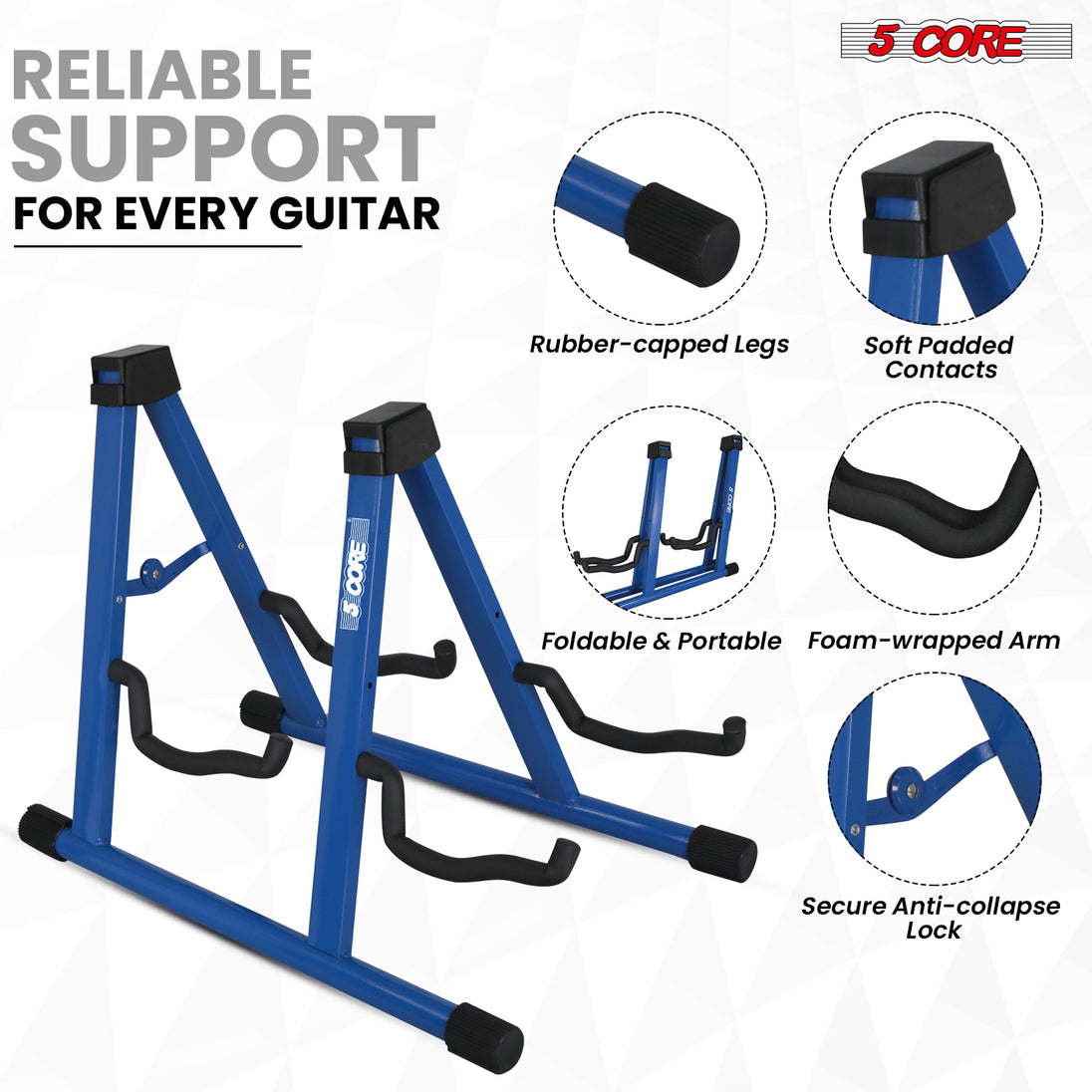 5Core Double Guitar Stand – Adjustable A-Frame Folding Floor Holder for Acoustic and Electric Guitars