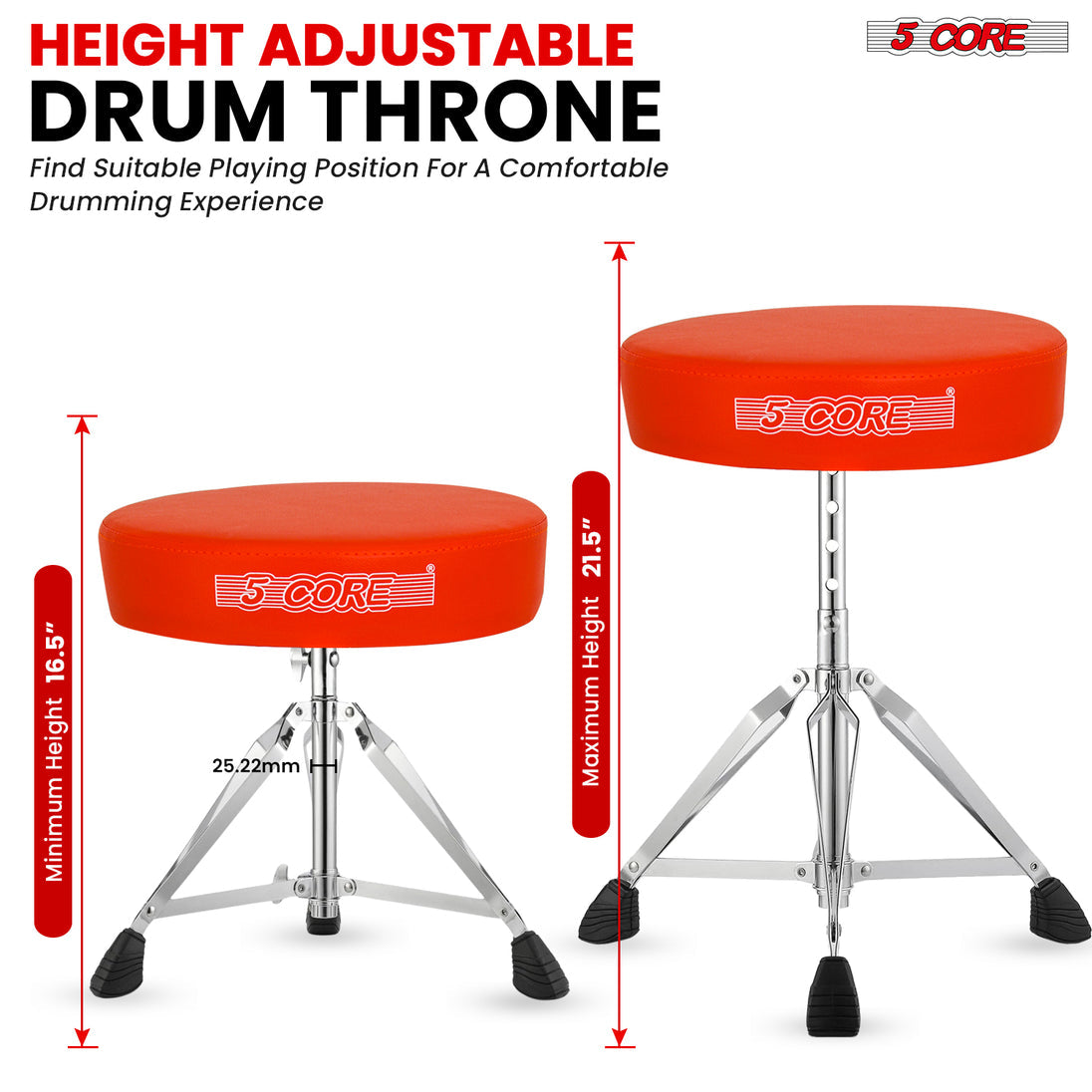 5Core Drum Throne Padded Adjustable Guitar Stool Drummer Seat for Adults & Kids ORANGE