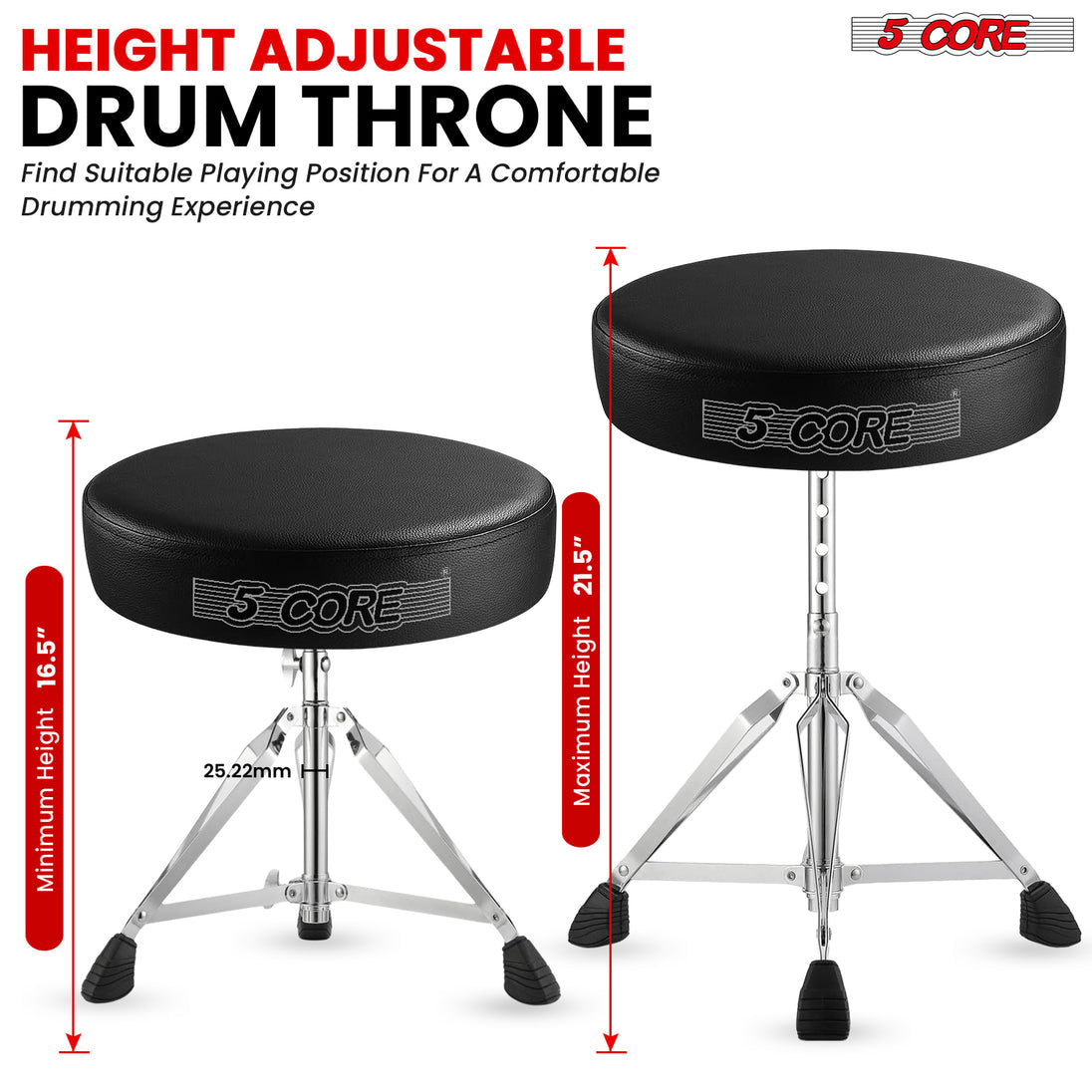 5Core Drum Throne Padded Adjustable Guitar Stool Drummer Seat for Adults & Kids BLACK