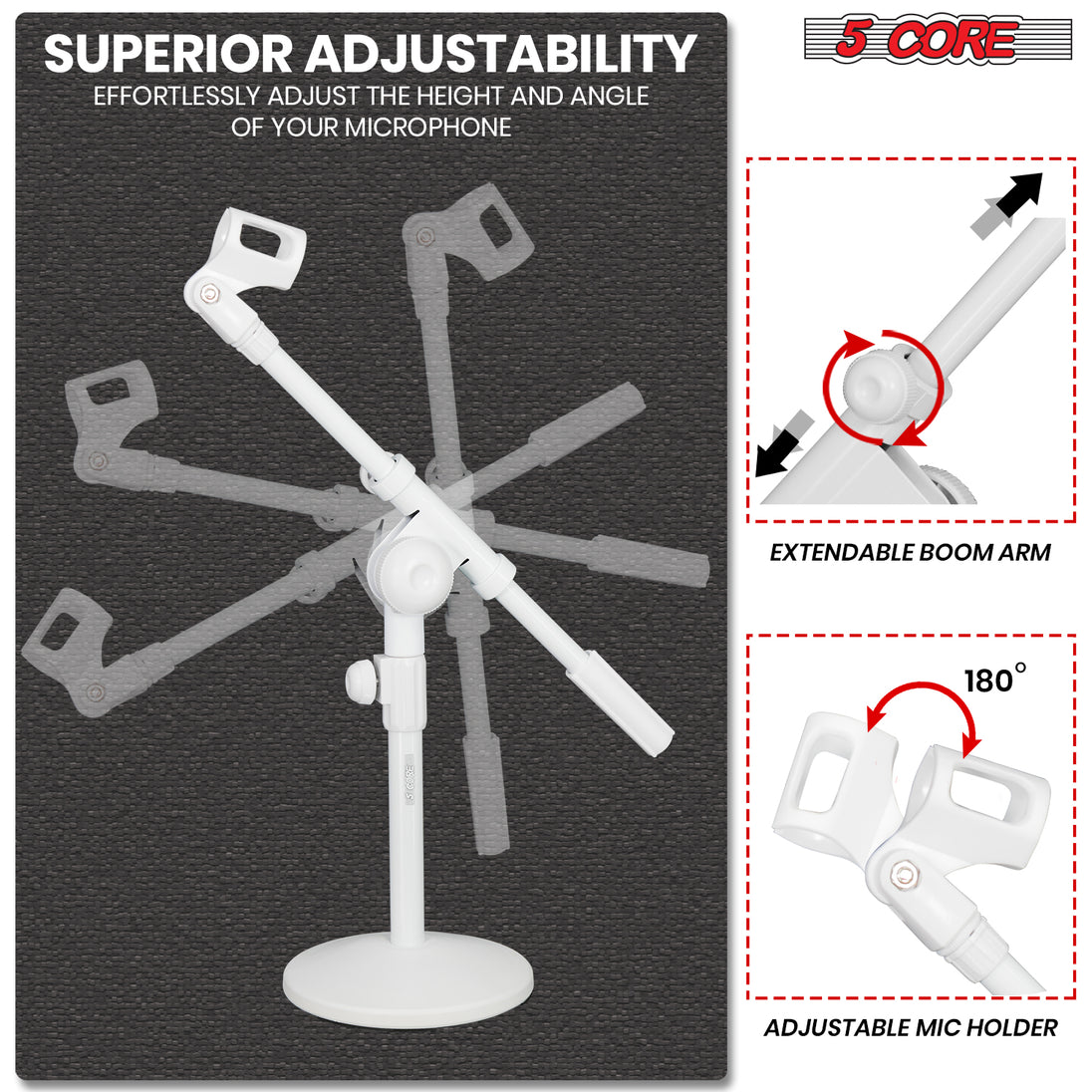 5Core Round Base Desktop Mic Stand Universal Desk Microphone Holder Table Top Stands White